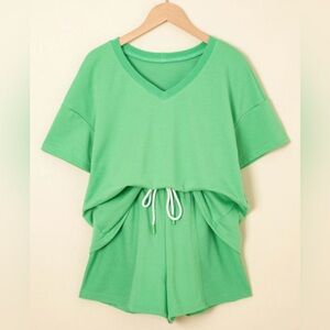 Green V-Neck Drawstring Lounge Set